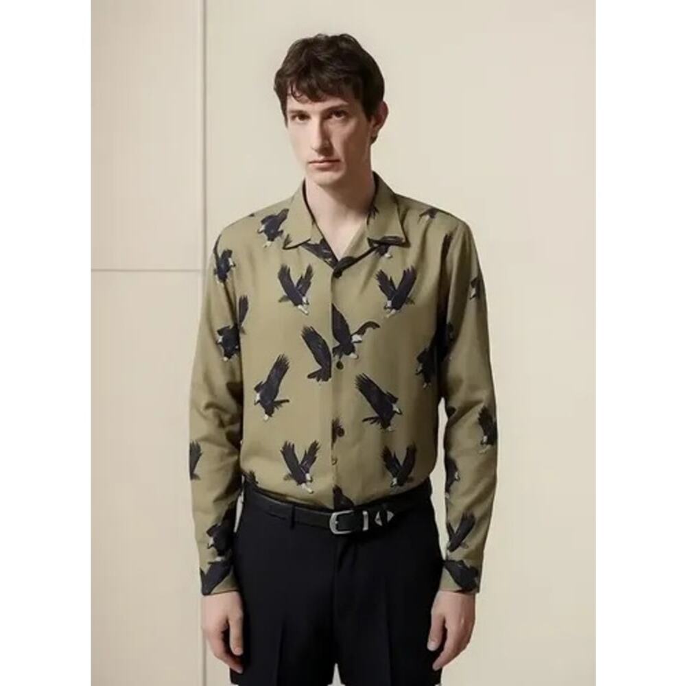 The Kooples Eagle Print Relaxed Shirt Olive Green Men’s Large NWT